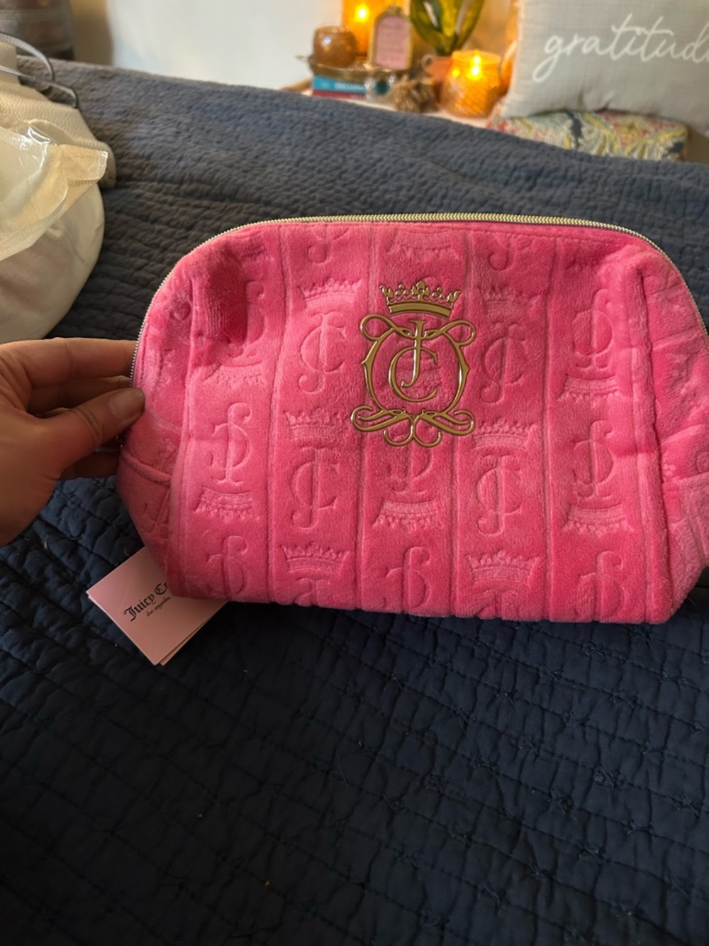 Juicy Couture Hot Pink Quilted Velvet Cosmetic Case with Gold Crest